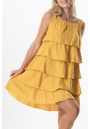 Askılı Kare Yaka Elfida Kat Kat Müslin Yazlık Kısa Elbise Hardal Hrd Hardal