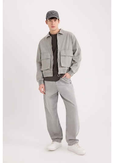 DeFacto Relax Fit Fermuarlı Cepli Jean Ceket C3414AX24AUNM55 Gri