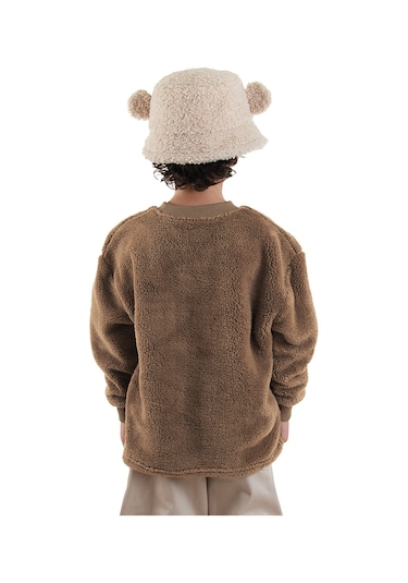 Denokids Kaplan Oversize Erkek Çocuk Peluş Sweatshirt - Kahverengi