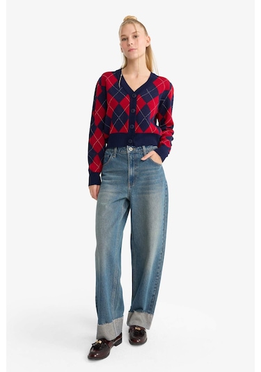 Defacto Coool Fitted V Yaka Baklava Desenli Düğmeli Hırka F9566ax25wnnv241 Lacivert