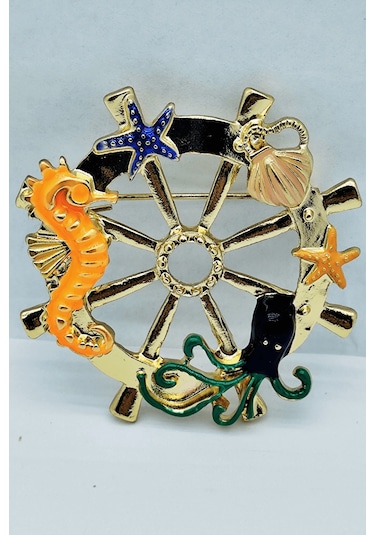 Deniz Dümeni Ve Deniz Canlıları Gold Broş Çok Renkli