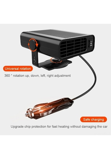 Pazly 12v 120w Araç Isıtıcı Soğutucu - Hızlı Buz Çözme, Sis Giderme, 360 Döner Taşınabilir Fan