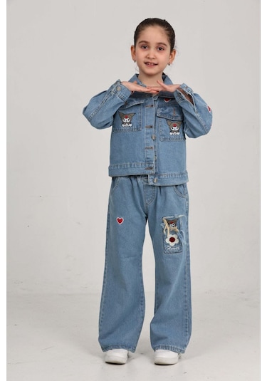 Moonch Kuromi Nakışlı İşlemeli Kız Çocuk Kot Takım-2'li Denim Set Mavi