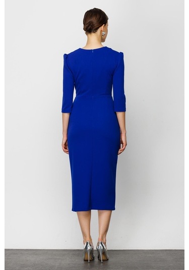 Nefeli V Yaka Midi Sarımlı Elbise - Minimalist Şık Günlük Saks