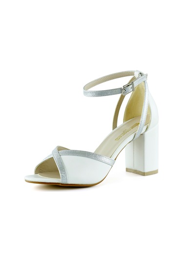 Erkan Saçmacı Charlotte Beyaz Gümüş Çapraz Bantlı Kalın Topuklu Zarif Gelinlik Ayakkabı