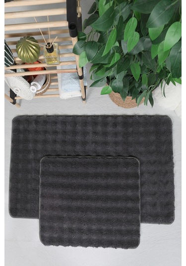 Modern Bubble Yıkanabilir Kaymaz Peluş Banyo Paspası Halısı 2li Klozet Takımı 60x100-50x60cm Antrasit