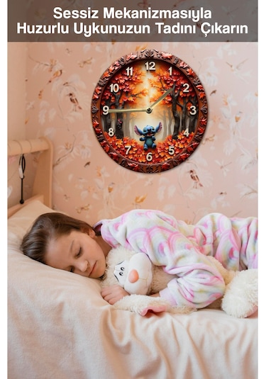 3d Görünümlü "stitch İle Sonbahar" Mdf Duvar Saati Sdw323 Renkli