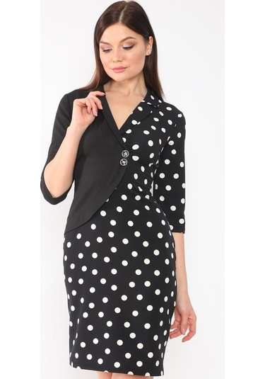 Etselements Kadın Siyah Puantiyeli Kruvaze Ve Düğmeli Ofis Elbise Siyah