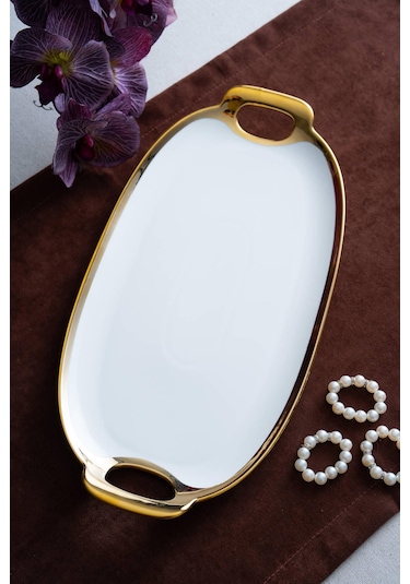 Acar Arven Oval Gold Sunum Tepsisi - 41 Cm Beyaz