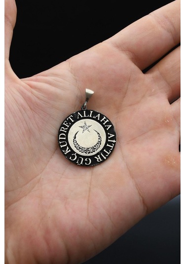 Kolye Ucu Ay Yıldızlı - Kelime-i Tevhid - Güç Kudret Allaha Aittir Yazlı 925 Ayar Gümüş 902153 Gümüş