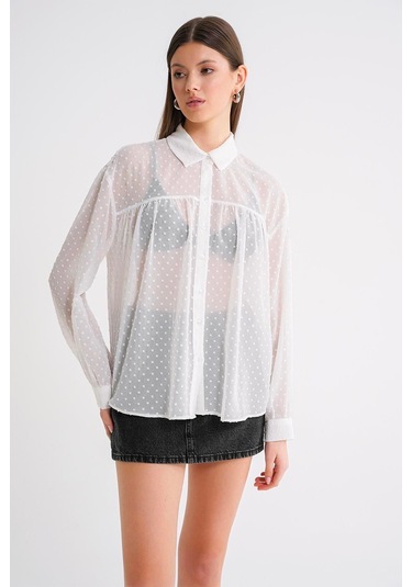 4678 Kadın İnce Desenli Robalı Yazlık Transparan Gömlek Beyaz Beyaz