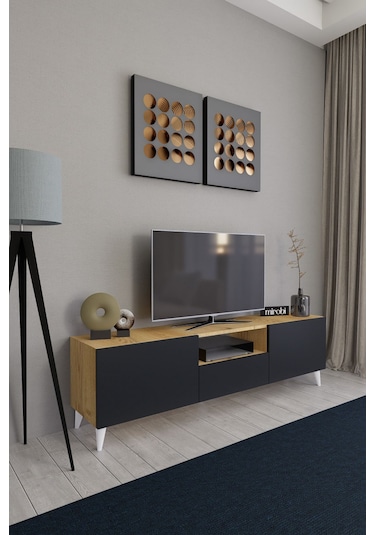 Bravix Modern Tv Ünitesi 3 Bölmeli Tv Sehpası Gövde Çamkapakl... Atlantik Çam - Antrasit
