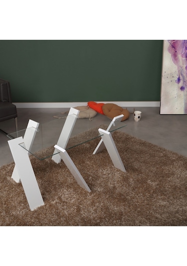 Roman Maxi Cam Orta Sehpa Beyaz / Renkli Dikdörtgen Orta Sehpa