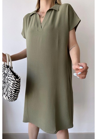 Kadın Haki Kısa Kol, Polo Yaka, Dokulu Desen, Basic Kalıp/kesim, Aerobin Rahat Midi Elbise Haki