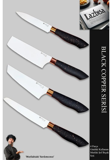 Black Copper Serisi Mutfak Bıçak Et Sebze 4 Lü Şef Bıçağı Mft-854 Siyah