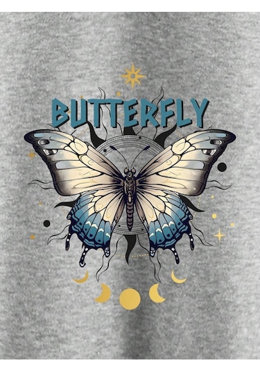 Butterfly Yazı Desen Hırka - Gri Baskılı Oversize Kapüşonlu Gri