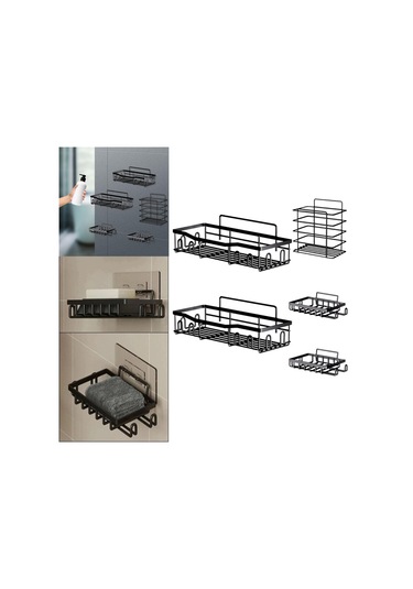 Homyl Duş Rafı Banyo Depolama Sepeti 5 Adet Basit Duvara Monte Siyah