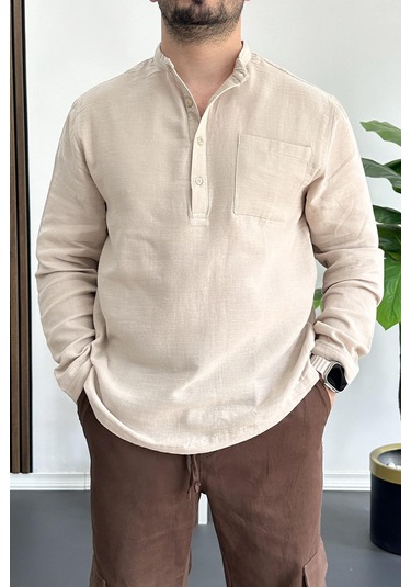 Erkek Hakim Yaka Yarım Patlı Cepli Gömlek Bej Edw361 Bej