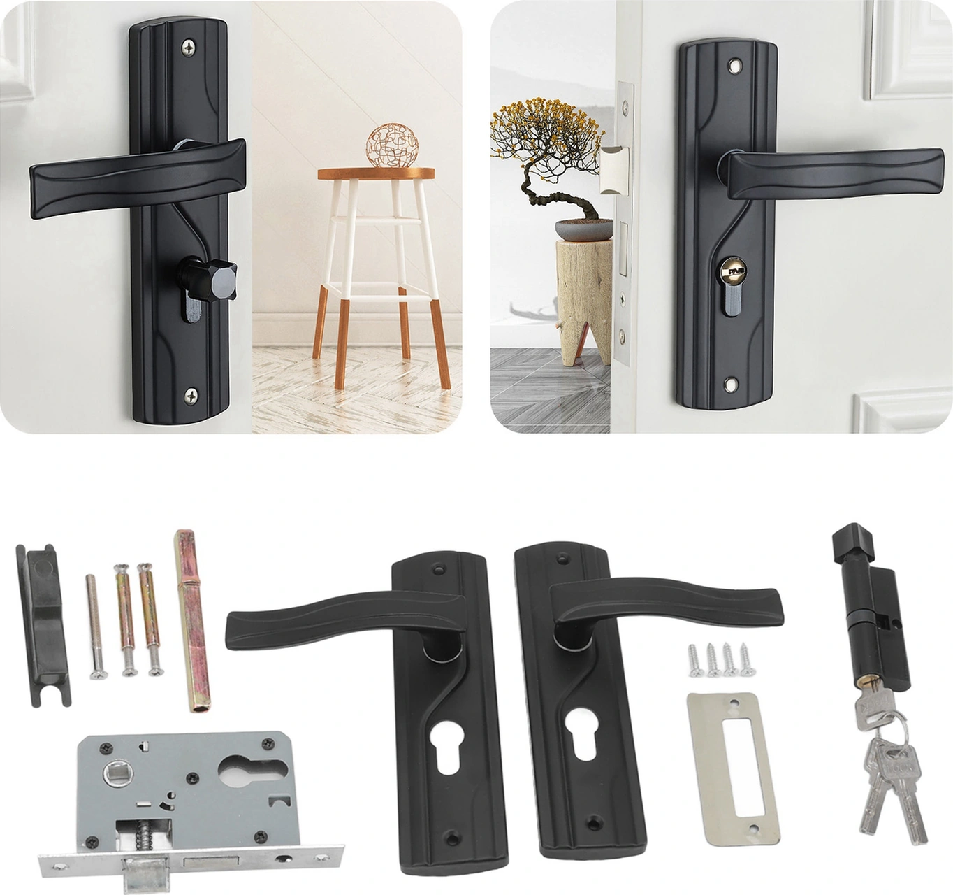 Geeroyoo Ev İçi Odalar İçin Sessiz Mangan Çelik Kapı Kilit Seti - Siyah Ev Genel Kullanimli Kaliteli Kilit Ve Tutamak