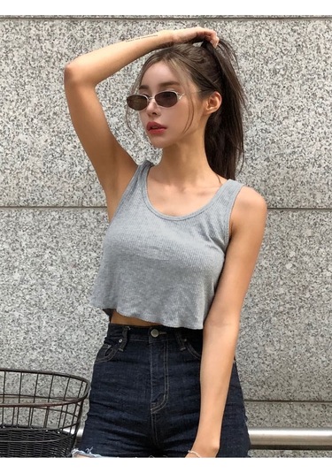 U Yaka Omuzu Açık Eteği Salaş Gri Renk Fitilli Crop Top Bluz