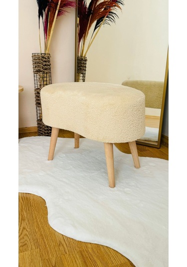 Fasulye Model Ahşap Ayaklı Teddy Kumaş Dekoratif Puf Bench Ekru