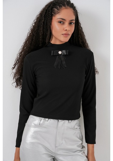 Kadın Kurdale Detay Uzun Kollu Bluz 977 - Siyah Siyah