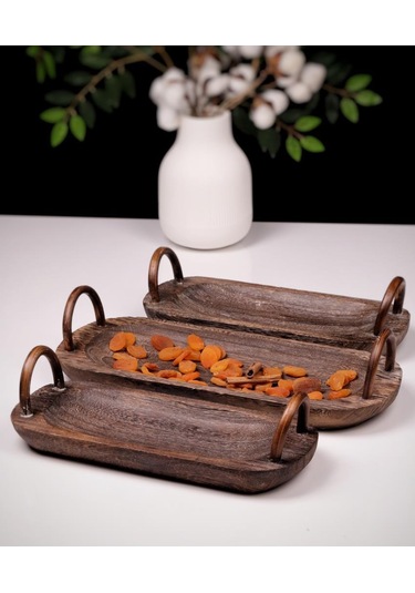 Bambum 3 Parça Pavlonya Deepwood Ahşap Sunum Seti Kulplu Dikdörtgen Servis Tabakları Ahşap