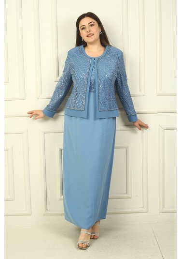 Kadın Boncuk Pul İşlemeli Tül Ceket Yarım Ay Kollu Uzun Elbise Astarlı Büyük Beden 2'li Takım İndigo Kadın Boncuk Pul İşlemeli Tül Ceket Yarım Ay Kollu Uzun Elbise Astarlı Büyük Beden 2'li Takım İndigo