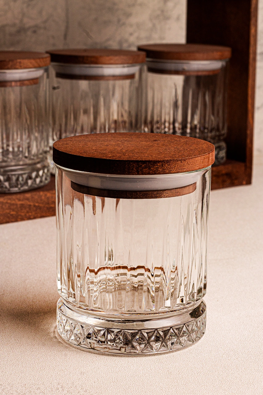 Mira Küçük - Standlı 8'li Vakumlu Ahşap Kapaklı Cam Baharatlık Takımı Saklama Kabı Seti 210 Ml Ahşap