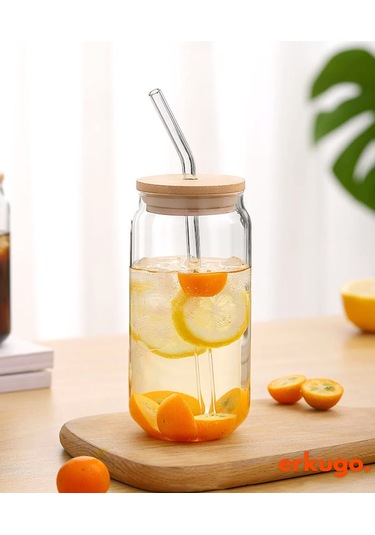 Bambu Kapaklı Pipetli Borosilikat Sunum Bardağı, Kahve Bardağı, Isı Dayanıklı Bardak 600 Ml Coollime