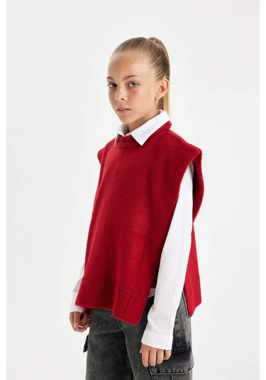 DeFacto Kız Çocuk Kırmızı Bisiklet Yaka Basic Düz Triko Süveter C9660A824WNRD63 Kırmızı