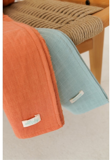 2'li Organik Pamuk Müslin Örtü Seti Nil ,tarçın 2 Adet 75x85 CM Turuncu - Açık Yeşil