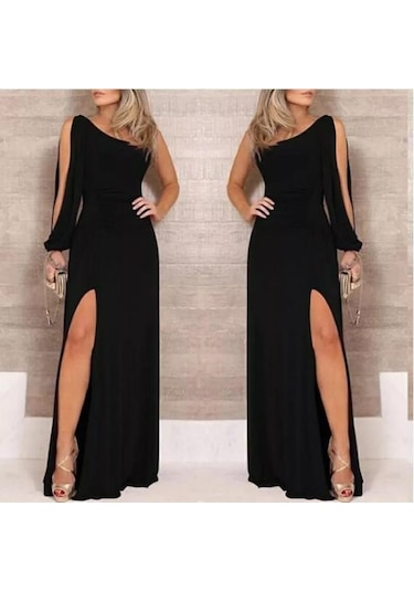 Tek Omuz Açık Derin Yırtmaçlı Krep Tam Boy Elbise Bediva 001