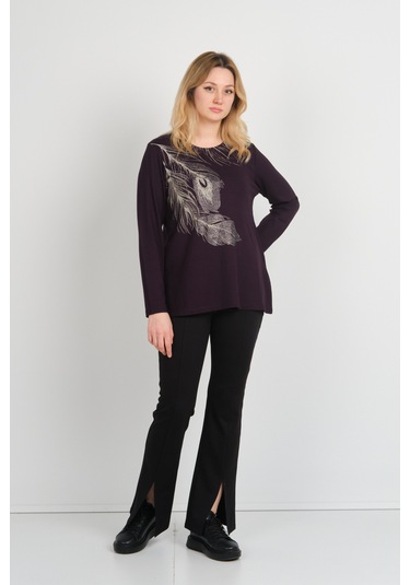 Detay Triko Kadın Taş İşlemeli Ve Desenli Bisiklet Yaka Uzun Kol Anne Bluz 5721 Mürdüm Mürdüm