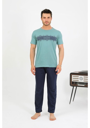 Akbeniz Erkek Pamuk Kısa Kol Pijama Takım Suyeşili 6875 Su Yeşili