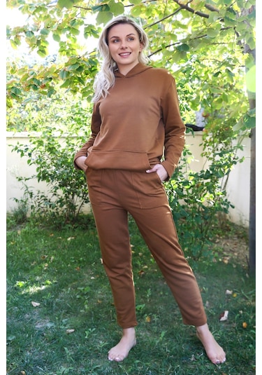 Akbeniz Kadın Pamuk Kapşonlu Cepli 3 İplik Kahve Eşofman Takım 9037-kahve Kahve