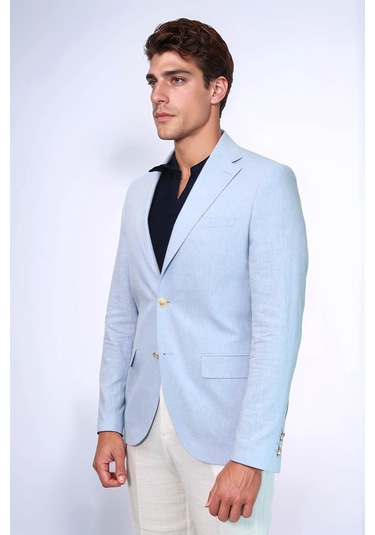 Açık Mavi Keten Dokulu Gold Renk Metal Düğmeli Slim Fit Erkek Blazer Ceket - Wessi Blue