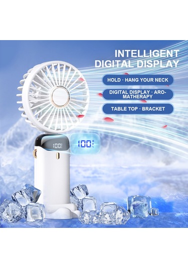 Kosona Mor Mini Usb Şarjlı Fan, 5 Hızlı, Led Ekranlı, 90 Derece Katlanabilir, Telefon Tutucu Ve Askı İp İle