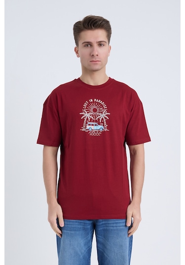 Velvoria Unisex Oversize Bordo Lost İn Paradise T-shirt