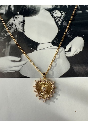 Zirkon Taşlı Kalp Kararmaz Çelik Kadın Gold Kolye Modern Ve Şık Altın