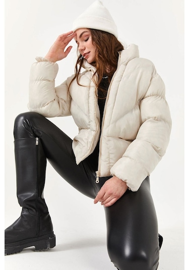 Alisse-kadın Taş Dik Yaka Kısa Şişme Mont Taş