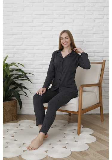 Fames Pijama Uzunkol Düğmeli Penye Pijama Takimi Kalpli Antrasit