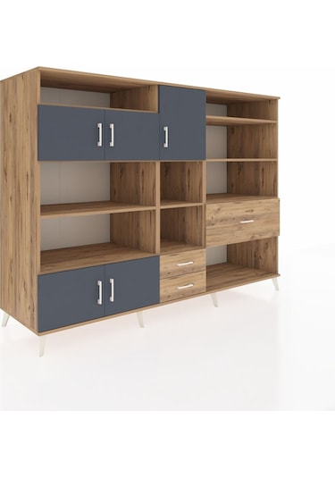 Kronos Dolap 13 Raflı 3 Çekmeceli 5 Kapaklı 220x59x163 Çam-antras Çam-antrasit/çam