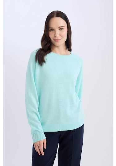 DeFacto Regular Fit Bisiklet Yaka Simli Triko Kazak Tunik D1580AX24WNTR423 Turkuaz