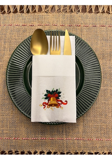 Yılbaşı Ağacı Çan Baskılı Kanguru Cepli Peçete Beyaz12 Adet