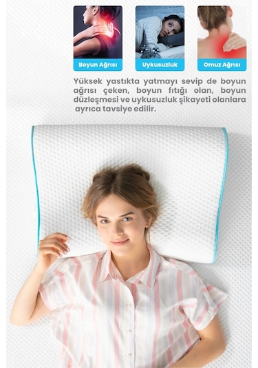 Viscofoam Yüksek Boyun Destekli Ortopedik Yastık Çift Boyun Destekli Visco Yastık - 60x40x14-12cm