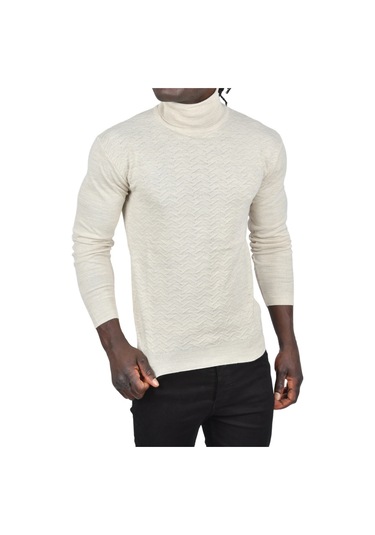 Deepsea Erkek Bej Zigzag Desenli Tam Balıkçı Yaka Dar Kesim Boğazlı Triko Kazak 2505497 Bej