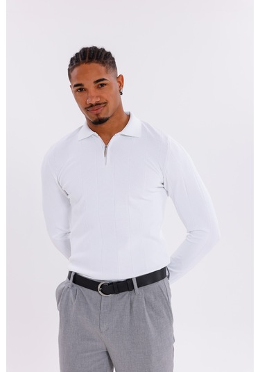 Monox Erkek Yarım Fermuarlı Polo Yaka Triko Kazak Beyaz