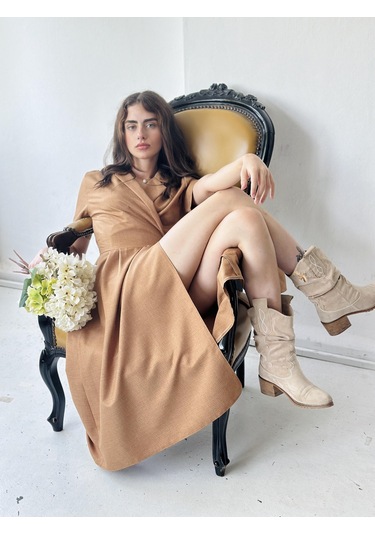 Retrobird Lady Kruvaze Midi Elbise Kadın Taba-13442-taba