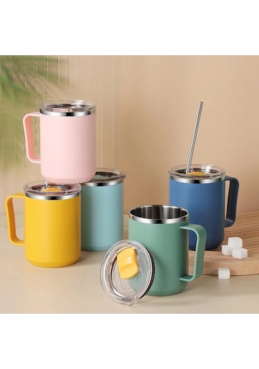 Rogfer 401-500ml 304 Paslanmaz Çelik Taşınabilir Kupa Kahve Fincanı Kapaklı Sızdırmaz Termos İçecek Şişesi Pembe Pembe